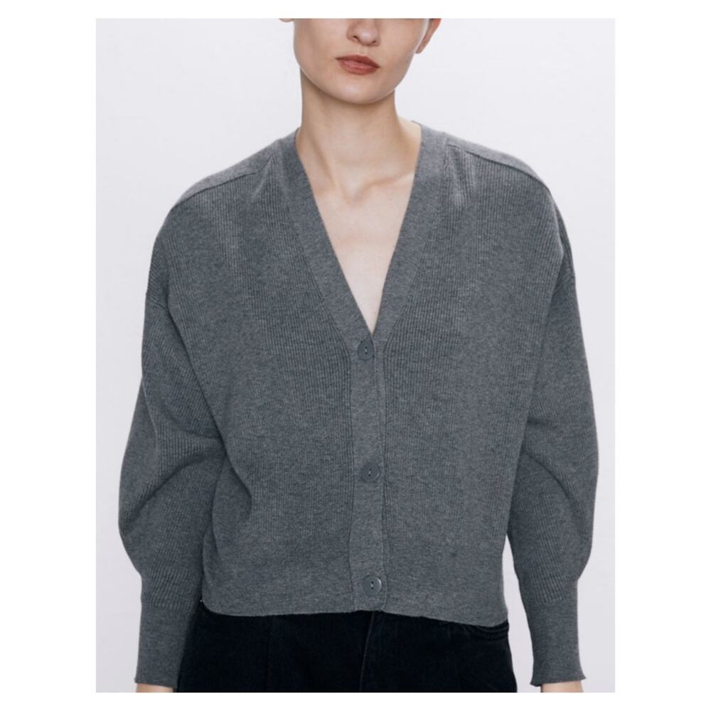 Zara Heather Gray Micro Rib V-Neck Button Long Sleeve Crop Cardigan Sweater S